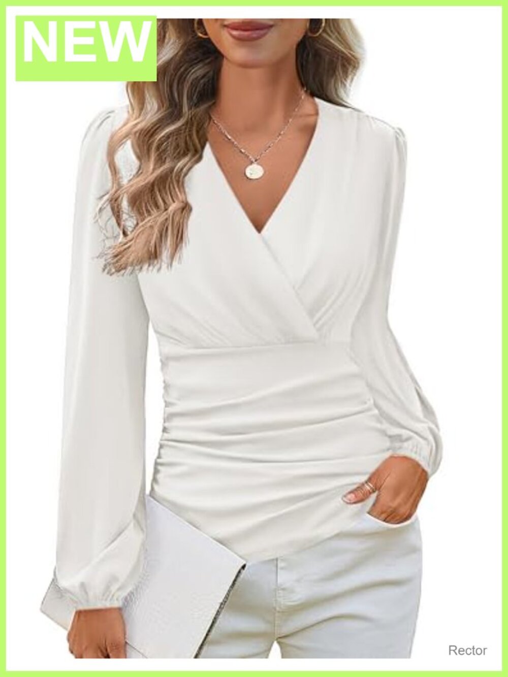 Women's Long Sleeve V-Neck Wrap Blouse Ruched Tummy Control Dressy Top